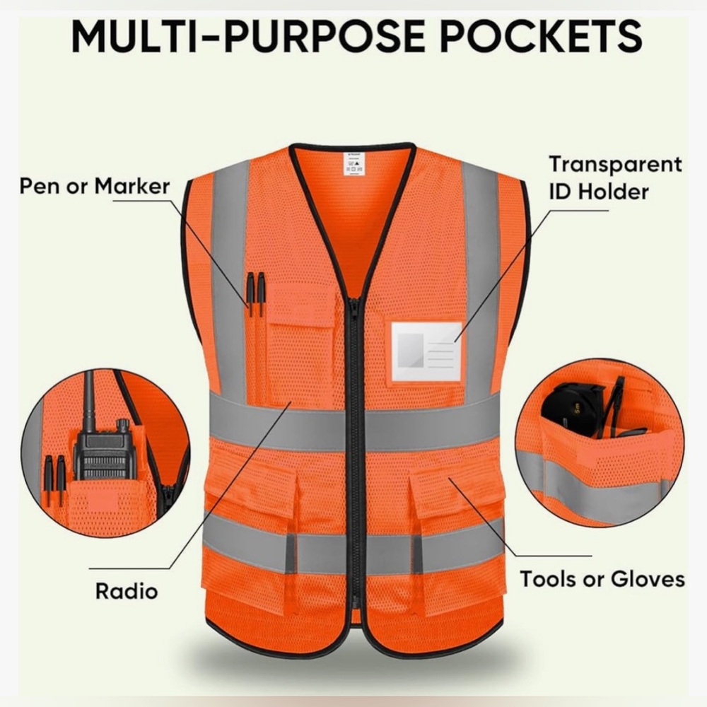 Ticonn Safety Vest Mesh Orange XL High Visibility Multi Pockets Zipper